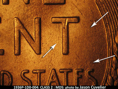 Die-stage B marker on 1936P•1DO•004 (1936 Doubled Die Obverse).