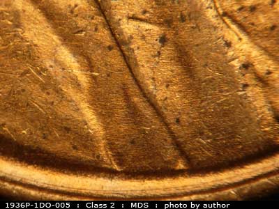 Die-stage B marker on 1936P•1DO•005 (1936 Doubled Die Obverse).