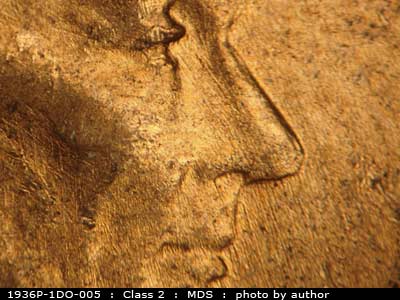 Die-stage B marker on 1936P•1DO•005 (1936 Doubled Die Obverse).