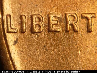 Die-stage B marker on 1936P•1DO•005 (1936 Doubled Die Obverse).