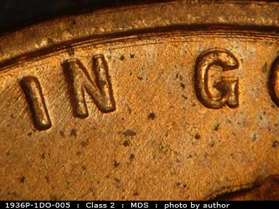 Die-stage B marker on 1936P•1DO•005 (1936 Doubled Die Obverse).