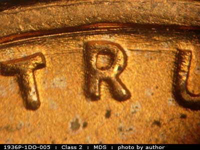 Die-stage B marker on 1936P•1DO•005 (1936 Doubled Die Obverse).