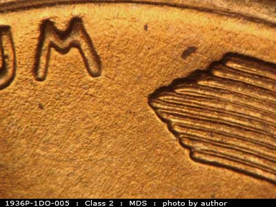 Die-stage B marker on 1936P•1DO•005 (1936 Doubled Die Obverse).