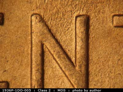 Die-stage B marker on 1936P•1DO•005 (1936 Doubled Die Obverse).
