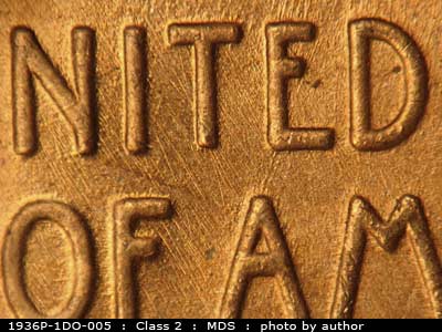 Die-stage B marker on 1936P•1DO•005 (1936 Doubled Die Obverse).