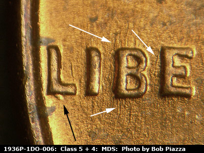 Die-stage B marker on 1936P•1DO•006 (1936 Doubled Die Obverse).