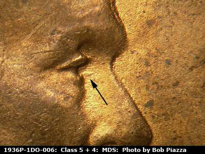 Die-stage B marker on 1936P•1DO•006 (1936 Doubled Die Obverse).