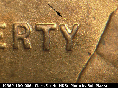 Die-stage B marker on 1936P•1DO•006 (1936 Doubled Die Obverse).