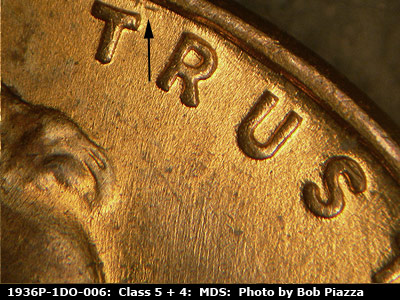 Die-stage B marker on 1936P•1DO•006 (1936 Doubled Die Obverse).