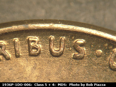 Die-stage B marker on 1936P•1DO•006 (1936 Doubled Die Obverse).