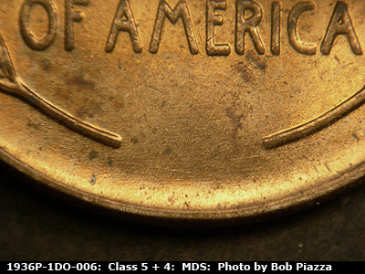 Die-stage B marker on 1936P•1DO•006 (1936 Doubled Die Obverse).
