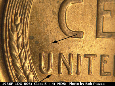 Die-stage B marker on 1936P•1DO•006 (1936 Doubled Die Obverse).