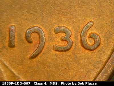 Die-stage B marker on 1936P•1DO•007 (1936 Doubled Die Obverse).