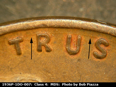 Die-stage B marker on 1936P•1DO•007 (1936 Doubled Die Obverse).