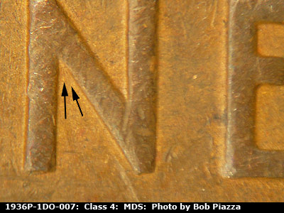 Die-stage B marker on 1936P•1DO•007 (1936 Doubled Die Obverse).