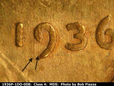 Die-stage B marker on 1936P•1DO•008 (1936 Doubled Die Obverse).