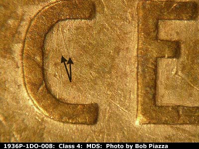 Die-stage B marker on 1936P•1DO•008 (1936 Doubled Die Obverse).