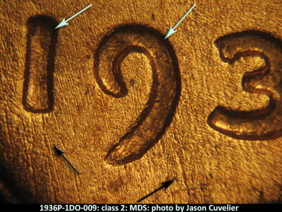Die-stage B marker on 1936P•1DO•009 (1936 Doubled Die Obverse).