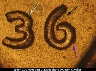 Die-stage B marker on 1936P•1DO•009 (1936 Doubled Die Obverse).