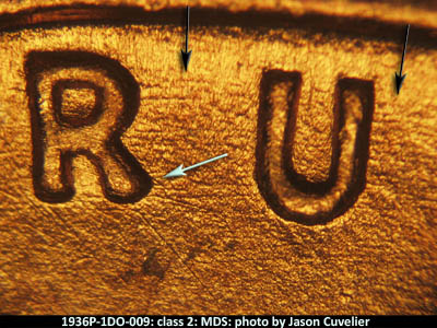 Die-stage B marker on 1936P•1DO•009 (1936 Doubled Die Obverse).