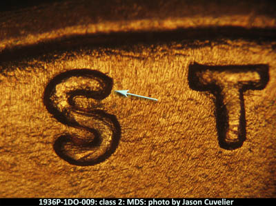 Die-stage B marker on 1936P•1DO•009 (1936 Doubled Die Obverse).