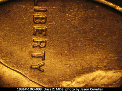 Die-stage B marker on 1936P•1DO•009 (1936 Doubled Die Obverse).