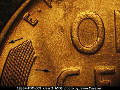 Die-stage B marker on 1936P•1DO•009 (1936 Doubled Die Obverse).