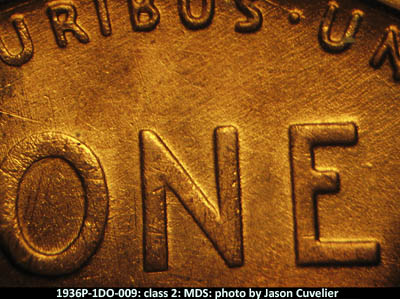 Die-stage B marker on 1936P•1DO•009 (1936 Doubled Die Obverse).