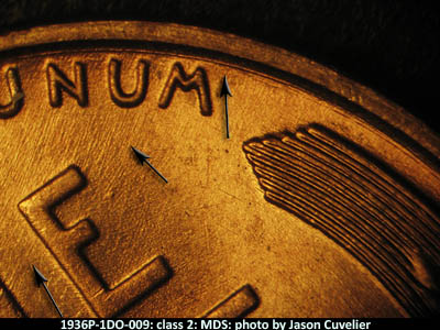 Die-stage B marker on 1936P•1DO•009 (1936 Doubled Die Obverse).