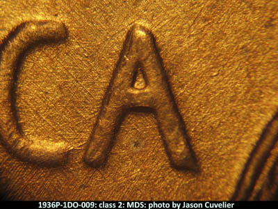 Die-stage B marker on 1936P•1DO•009 (1936 Doubled Die Obverse).
