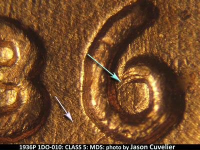 Die-stage B marker on 1936P•1DO•010 (1936 Doubled Die Obverse).