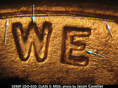 Die-stage B marker on 1936P•1DO•010 (1936 Doubled Die Obverse).