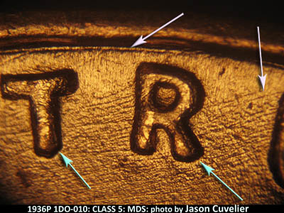 Die-stage B marker on 1936P•1DO•010 (1936 Doubled Die Obverse).