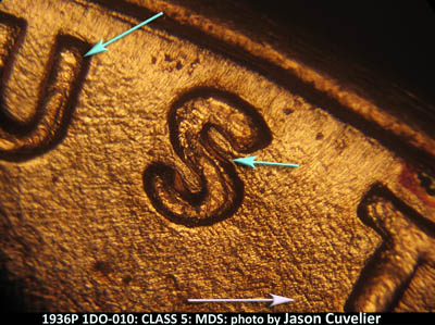 Die-stage B marker on 1936P•1DO•010 (1936 Doubled Die Obverse).