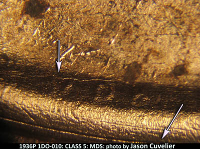 Die-stage B marker on 1936P•1DO•010 (1936 Doubled Die Obverse).