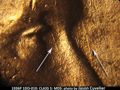 Die-stage B marker on 1936P•1DO•010 (1936 Doubled Die Obverse).