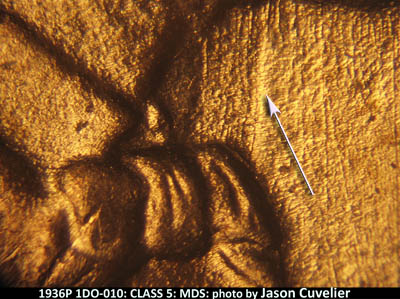 Die-stage B marker on 1936P•1DO•010 (1936 Doubled Die Obverse).