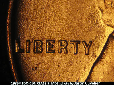 Die-stage B marker on 1936P•1DO•010 (1936 Doubled Die Obverse).