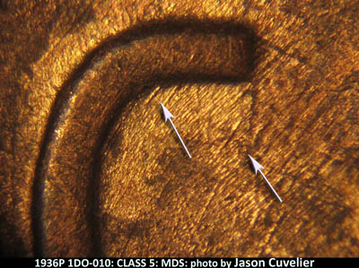 Die-stage B marker on 1936P•1DO•010 (1936 Doubled Die Obverse).
