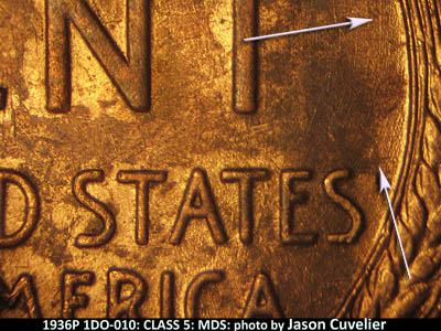 Die-stage B marker on 1936P•1DO•010 (1936 Doubled Die Obverse).