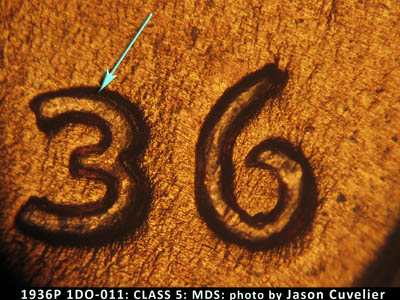 Die-stage B marker on 1936P•1DO•011 (1936 Doubled Die Obverse).
