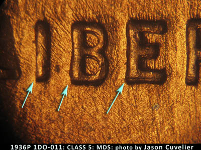 Die-stage B marker on 1936P•1DO•011 (1936 Doubled Die Obverse).