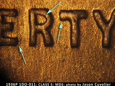 Die-stage B marker on 1936P•1DO•011 (1936 Doubled Die Obverse).
