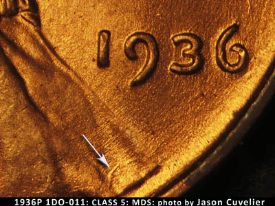 Die-stage B marker on 1936P•1DO•011 (1936 Doubled Die Obverse).