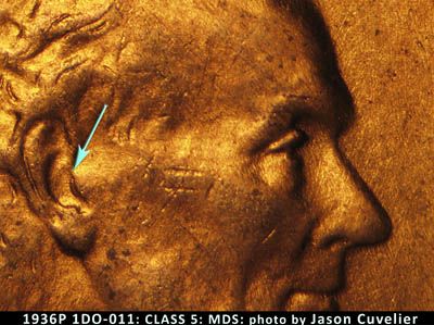 Die-stage B marker on 1936P•1DO•011 (1936 Doubled Die Obverse).
