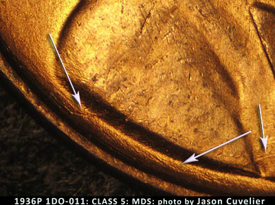 Die-stage B marker on 1936P•1DO•011 (1936 Doubled Die Obverse).