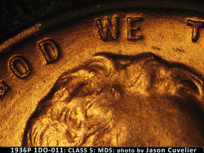 Die-stage B marker on 1936P•1DO•011 (1936 Doubled Die Obverse).