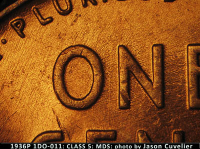 Die-stage B marker on 1936P•1DO•011 (1936 Doubled Die Obverse).