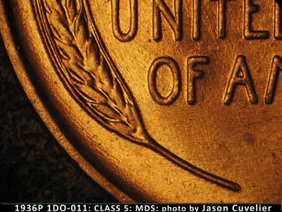 Die-stage B marker on 1936P•1DO•011 (1936 Doubled Die Obverse).