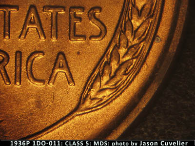 Die-stage B marker on 1936P•1DO•011 (1936 Doubled Die Obverse).